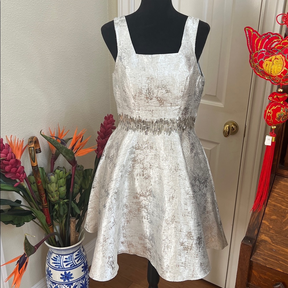 Mac Duggal Square Neck Sleeveless fit flare Dress Size 10 silver rhinestone